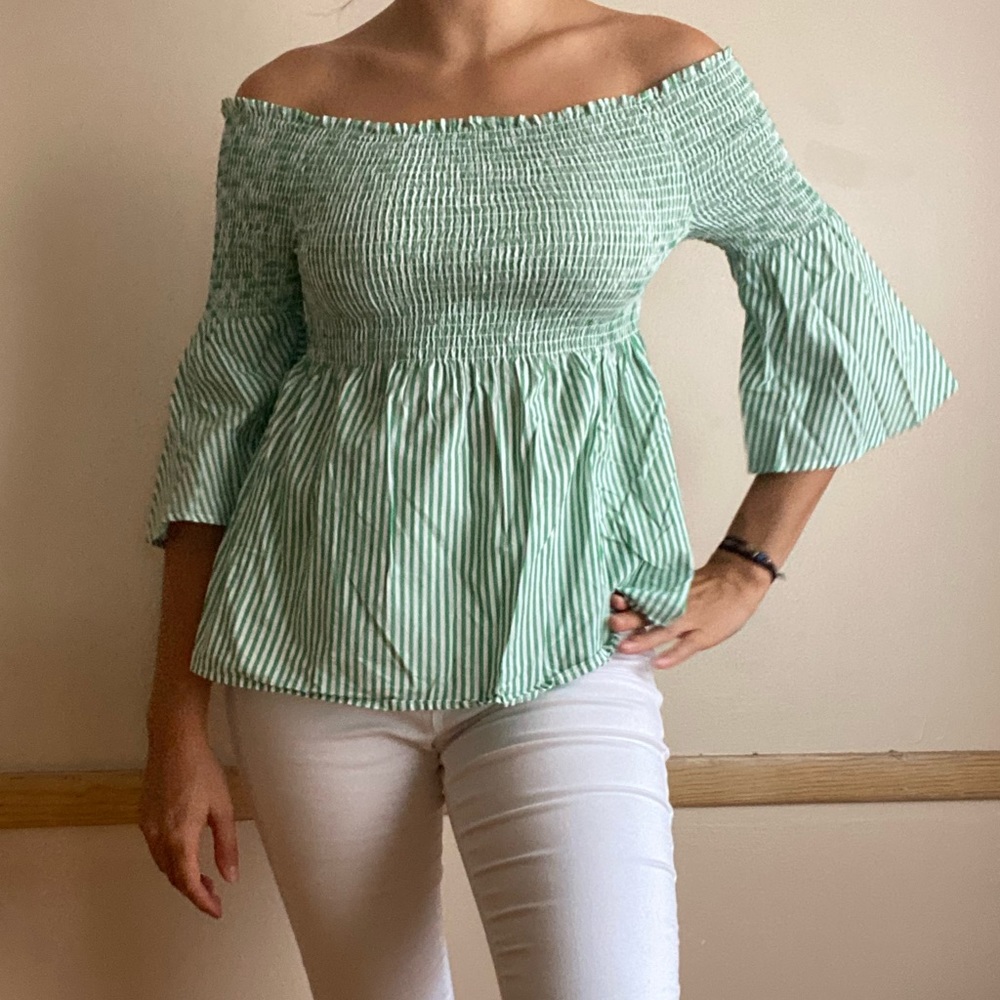 Striped Bell Sleeve Off the Shoulder Blouse, US L